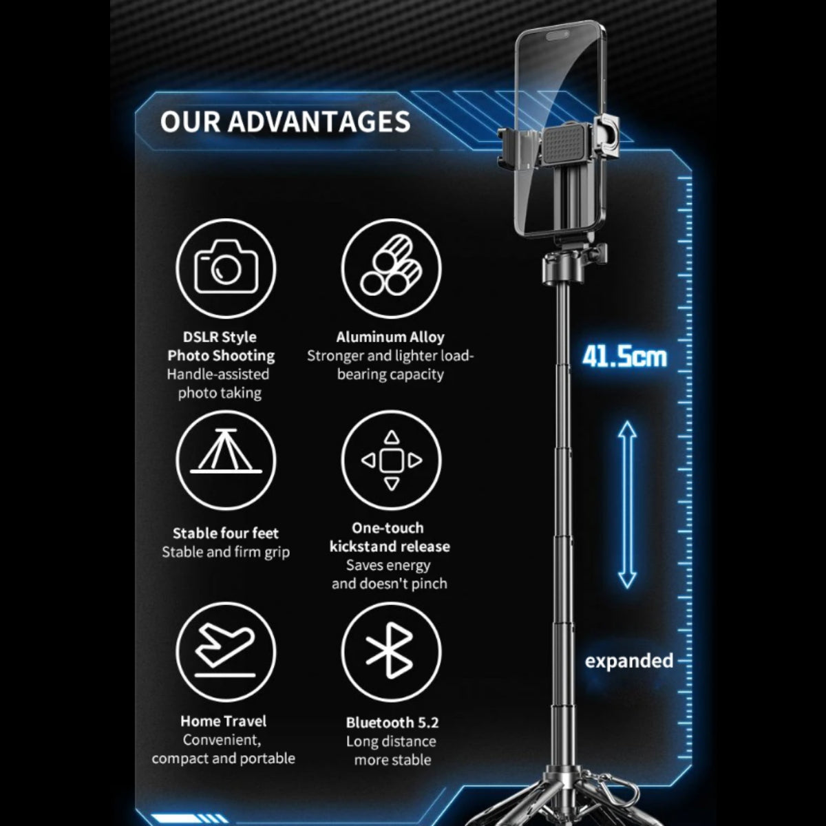 4-in-1 Extendable Selfie Stick Tripod with Detachable Remote